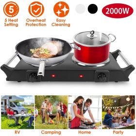 2000W Electric Dual Burner Portable Coil Heating Hot Plate Stove Countertop RV Hotplate with 5 Temperature Adjustments Portable Handles (Color: black, Type: Double)